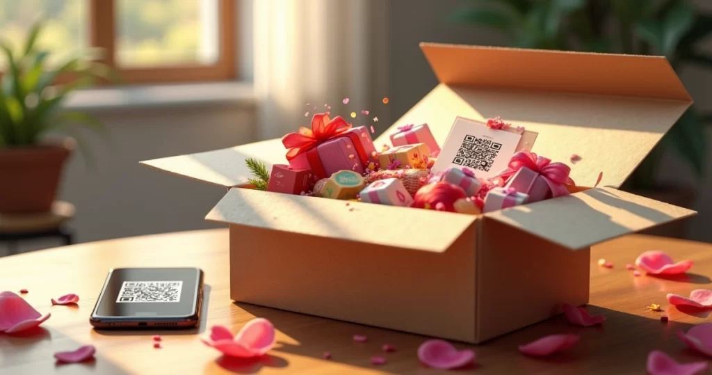 Caixa de presente aberta com itens coloridos e criativos para surpreender