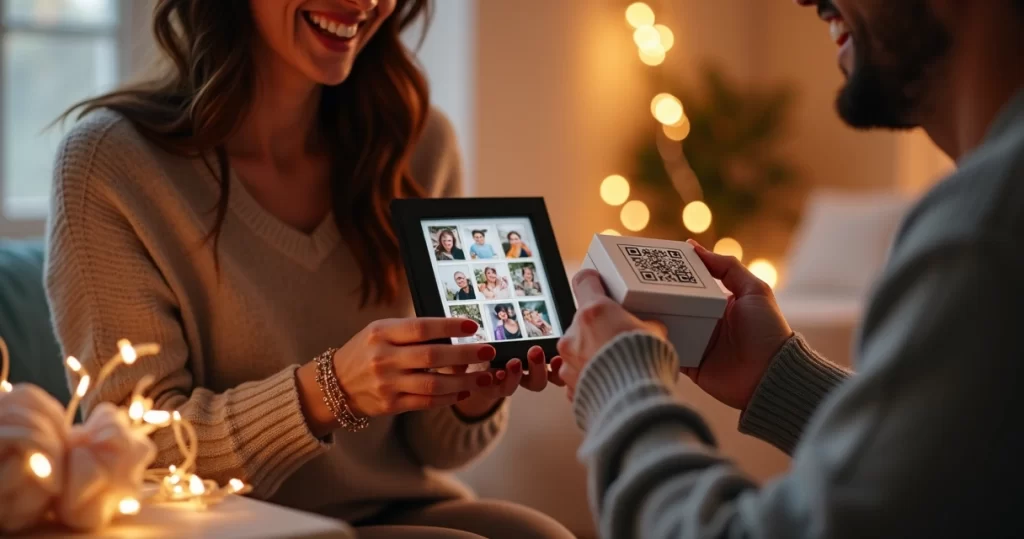 Casal sorrindo trocando presentes personalizados em ambiente aconchegante e iluminado