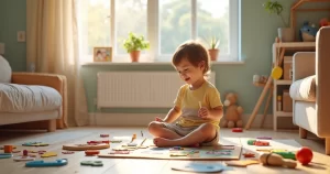 Criança sentada no chão brincando com jogos de tabuleiro e materiais artísticos coloridos ao redor