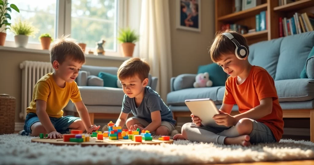 Crianças brincando com brinquedos educativos e jogos em ambiente colorido