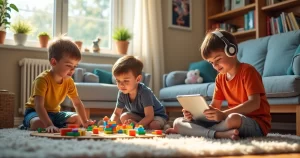 Crianças brincando com brinquedos educativos e jogos em ambiente colorido