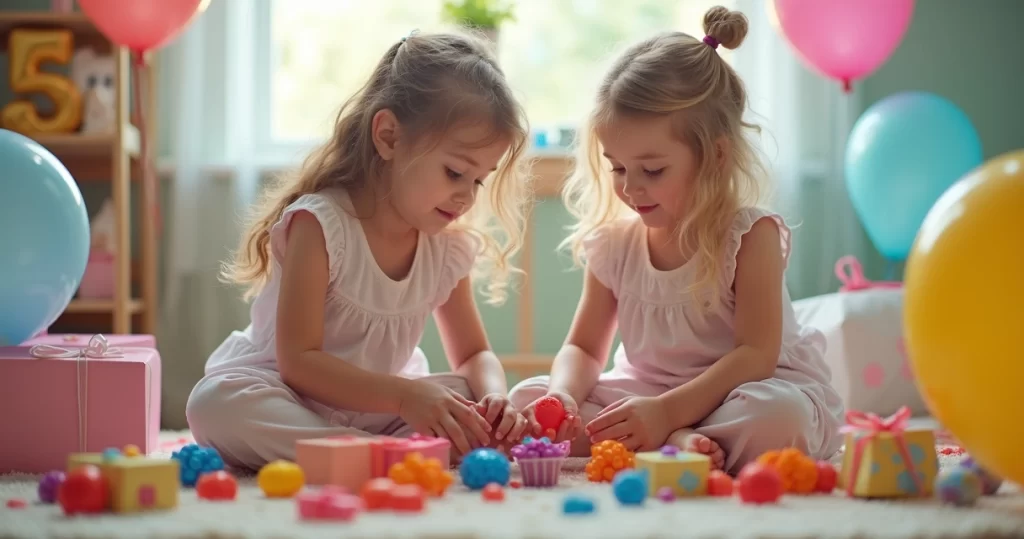 Duas meninas brincando com brinquedos coloridos em ambiente iluminado e alegre