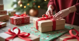 Embalagens criativas para presente com papel colorido, laços e etiquetas personalizadas em mesa de madeira