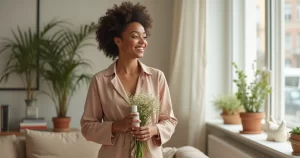 Mulher forte sorrindo, usando roupas modernas, segurando flores e produtos de autocuidado em um ambiente claro e elegante