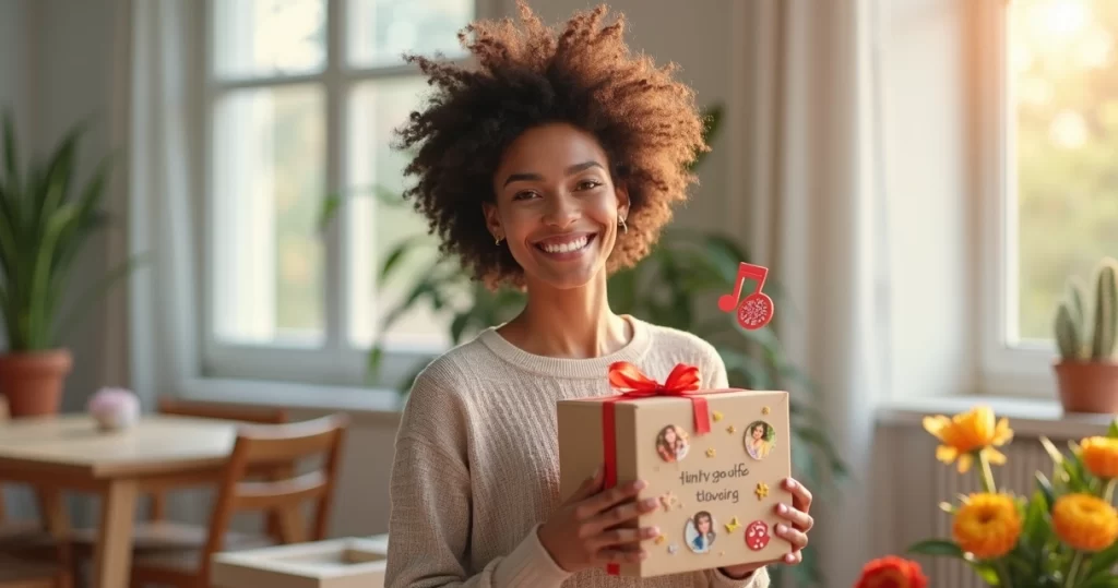 Mulher sorridente segurando presente personalizado com fotos e mensagens, em ambiente moderno e iluminado