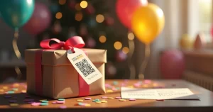 Presente de aniversário personalizado com cartão e QR Code em mesa decorada