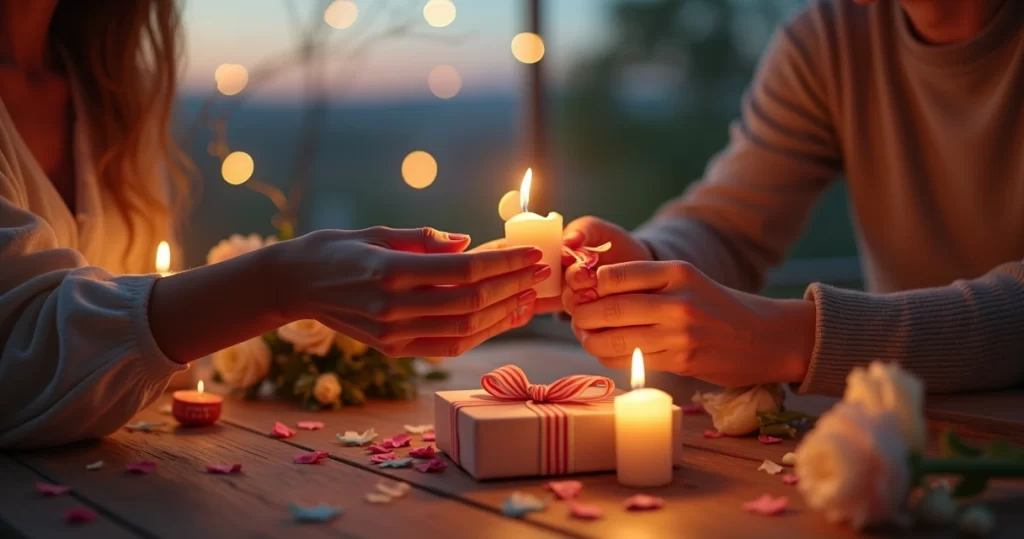 Casal trocando presente romântico personalizado em ambiente aconchegante com velas e flores