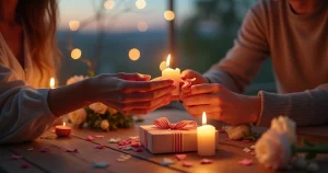 Casal trocando presente romântico personalizado em ambiente aconchegante com velas e flores