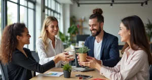 Colegas de trabalho trocando presentes corretos em ambiente de escritório moderno e organizado