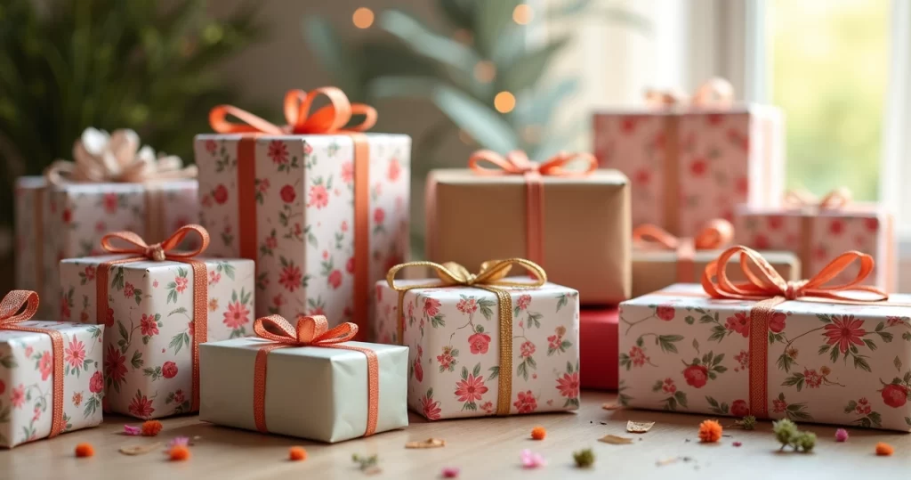 Seleção de presentes criativos com embalagens coloridas e detalhadas sobre mesa de madeira clara