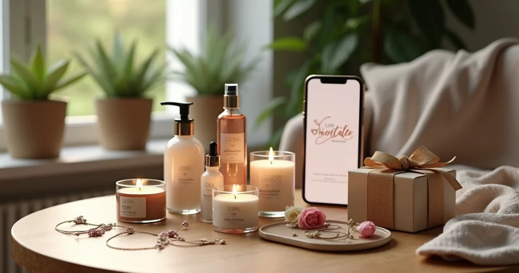 Mesa com presentes criativos femininos, incluindo velas aromáticas, cremes, acessórios e cartões personalizados