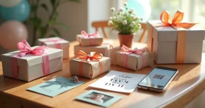 Mesa com diferentes presentes criativos personalizados em embalagens coloridas, incluindo fotos, mensagens e elementos artesanais