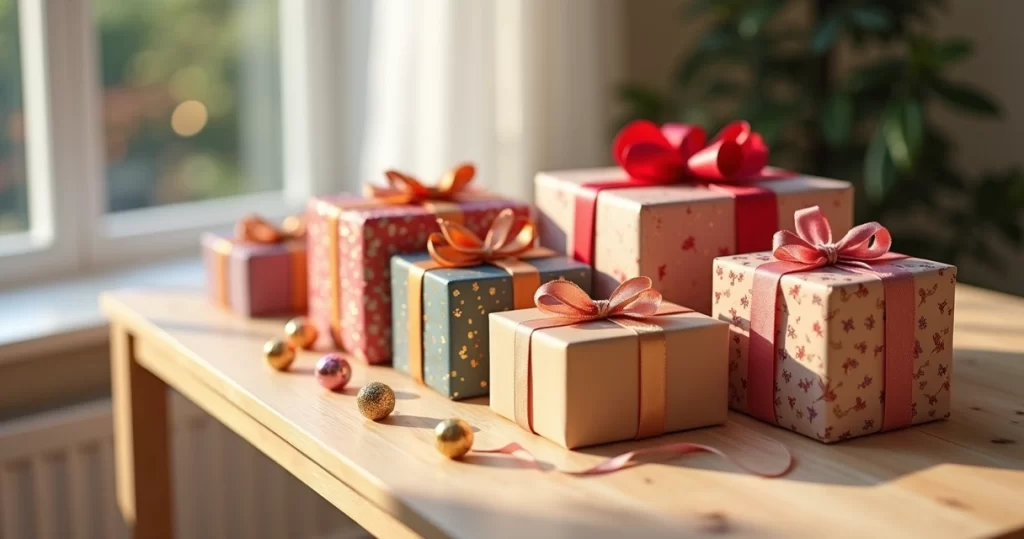 Vários presentes criativos coloridos embrulhados e decorados sobre mesa clara