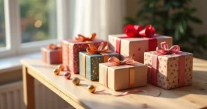 Vários presentes criativos coloridos embrulhados e decorados sobre mesa clara