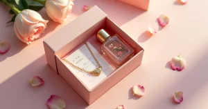 Caixa de presente aberta com joias, perfume e cartão personalizado em fundo suave e elegante