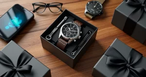 Mesa com diversos presentes para homens como gadget tecnológico, relógio sofisticado, caixa de ferramentas e uma embalagem elegante