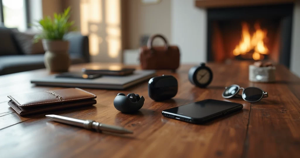 Mesa elegante com gadgets tecnológicos e itens de decoração masculina sofisticada