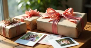 Mesa com presentes personalizados variados embalados de forma criativa e sustentável, com fotos, cartões e laços coloridos