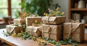 Presentes sustentáveis embalados em papel reciclado com flores secas e elementos naturais sobre mesa de madeira