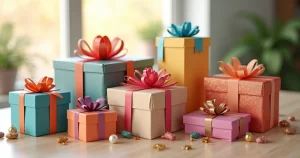 Conjunto de presentes criativos coloridos com embalagens decoradas variadas sobre mesa clara