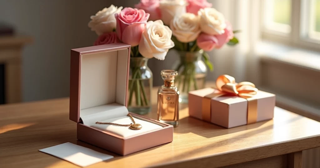 Mesa com variedade de presentes para mulheres, incluindo joias, flores, caixa de presente, perfume e um cartão especial