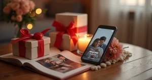 Mesa com diferentes presentes personalizados para namorada como caixa de fotos, vela aromática e caixa com laço vermelho