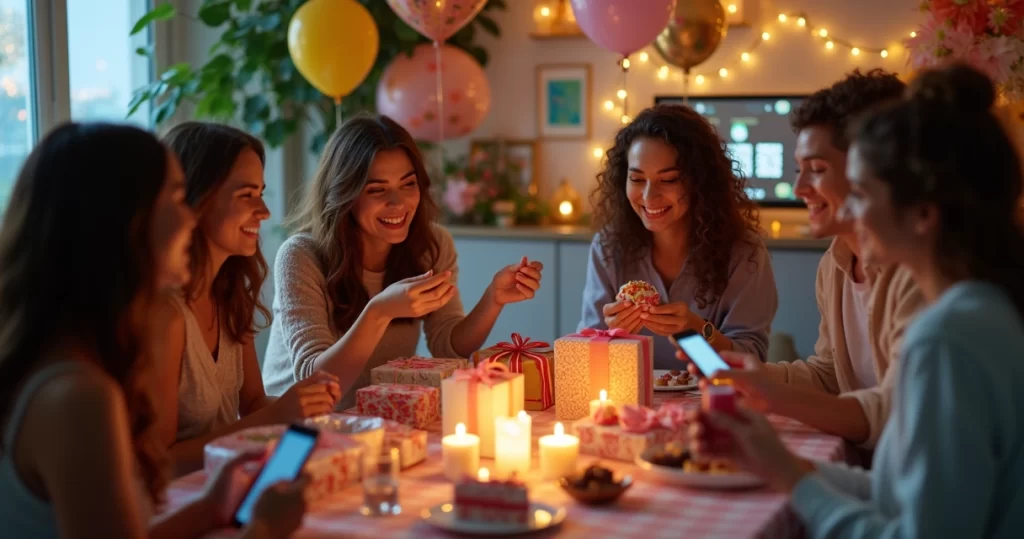 Grupo de pessoas trocando presentes em reunião de amigo oculto com decoração colorida e mesa com velas e doces