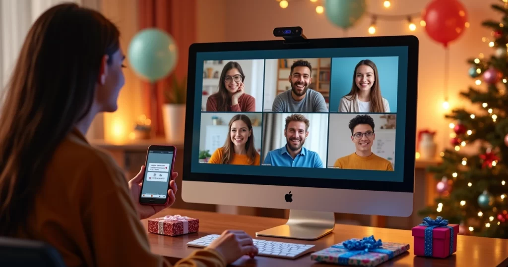 Mesa com pessoas conectadas via videoconferência participando de amigo secreto online com presentes digitais e decoração festiva