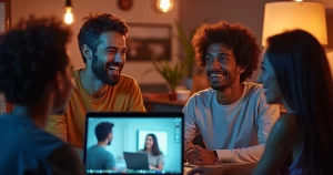 Grupo de amigos participando de amigo oculto por videoconferência, sorrindo e segurando presentes digitais na frente de computadores em ambiente iluminado e moderno
