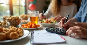 Mesa com comidas e bebidas organizadas para festa e calculadora ao lado para planejamento