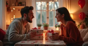 Casal sorridente trocando presentes personalizados em ambiente aconchegante com decoração de festa