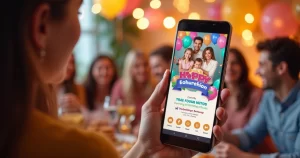 Convite de aniversário digital personalizado exibido em smartphone com opção de confirmação de presença