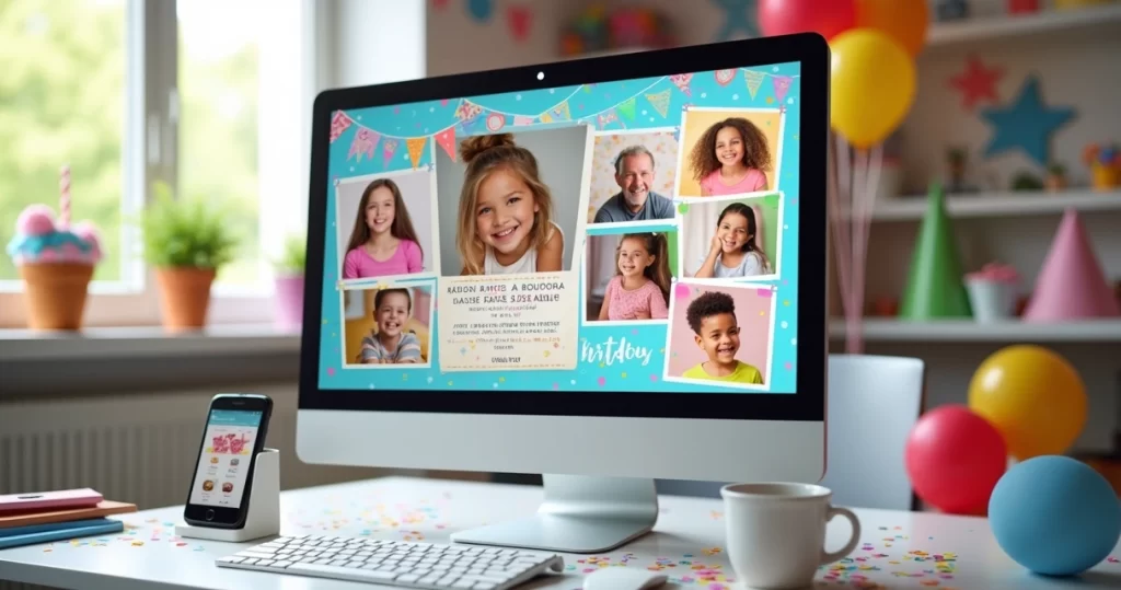 Tela de computador exibindo convite de aniversário digital personalizado com fotos e mensagens coloridas