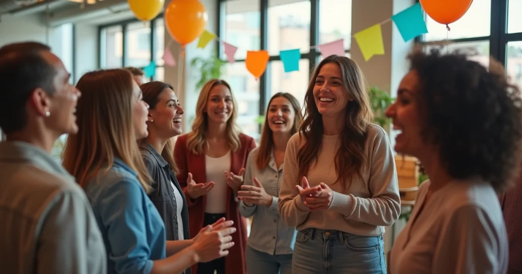 Grupo de colegas em confraternização de trabalho realizando dinâmica animada com sorrisos e interação
