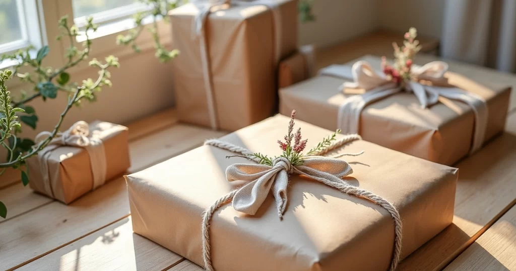 Embalagens de presentes feitas com papel kraft, flores secas e tecidos, decoradas com fitas rústicas, galhos e elementos naturais sobre uma mesa de madeira clara