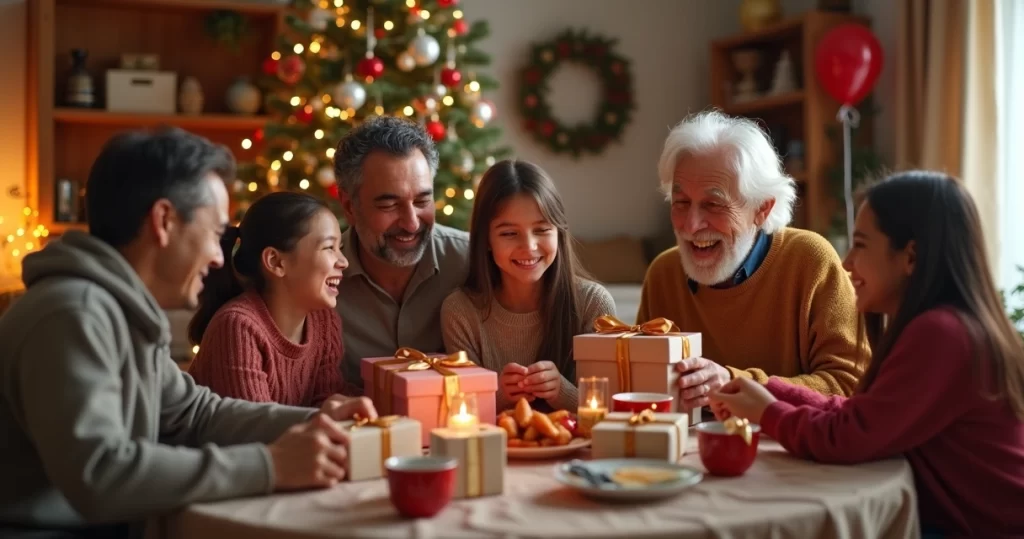 Família reunida trocando presentes em amigo secreto durante celebração em casa