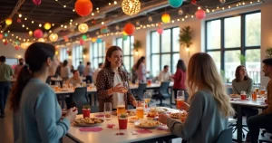 Ambiente de escritório decorado para festa de confraternização de fim de ano com colaboradores sorrindo e interagindo em clima festivo