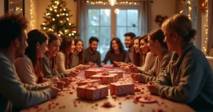Grupo de pessoas sorrindo em uma sala decorada, participando de um jogo de amigo secreto com troca de presentes e cartões