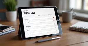 Tablet mostrando lista de presença digital atualizada com confirmações de convidados