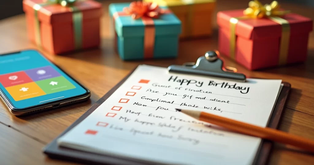 Mesa com lista de presentes de aniversário escrita à mão, lápis, celular mostrando convite digital e presentes coloridos ao redor