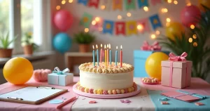 Mesa decorada para festa de aniversário com bolo, balões coloridos e itens organizados para planejamento