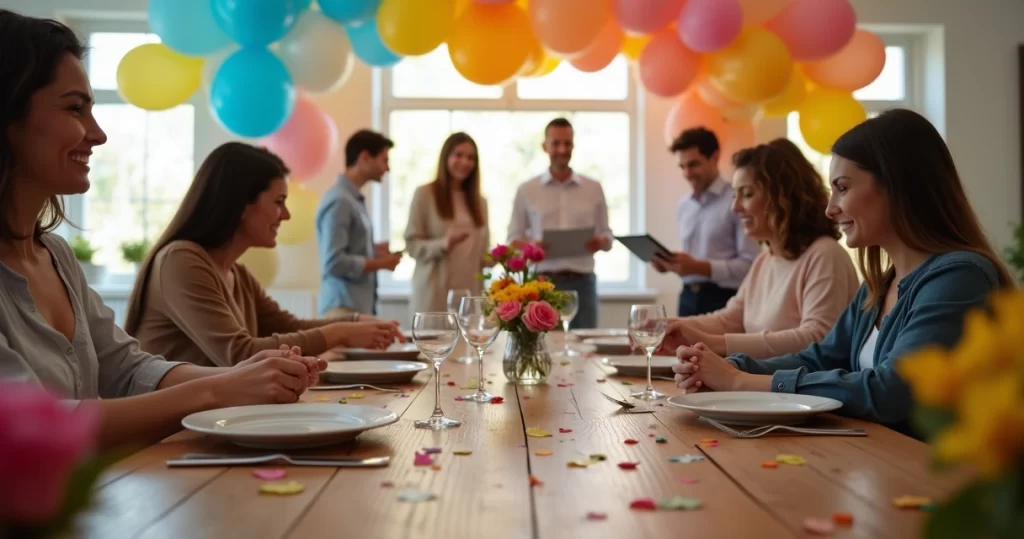 Mesa decorada com balões coloridos, arranjos florais e pratos prontos para festa, com pessoas organizando convites digitais no fundo