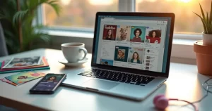 Mesa com laptop e smartphone exibindo presentes digitais personalizados com fotos, músicas e QR Codes em ambiente claro e moderno