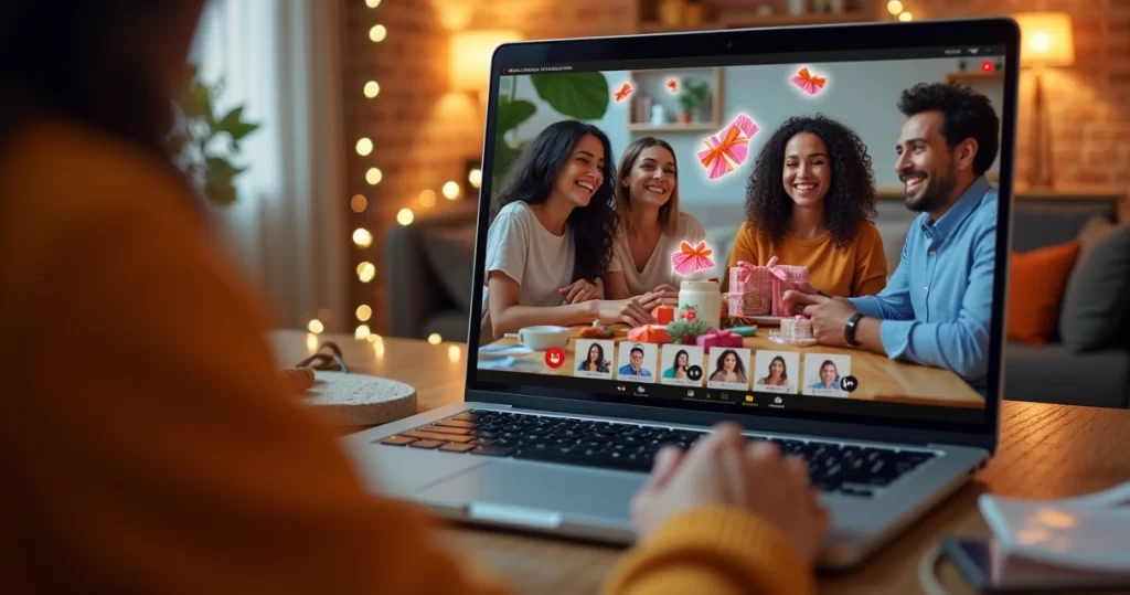 Grupo de pessoas conectadas em videochamada fazendo sorteio de amigo secreto digital com animações de presentes na tela