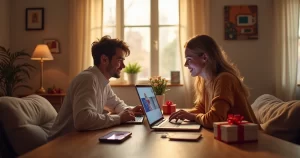 Casal fazendo videochamada em laptops com presentes digitais e flores ao redor